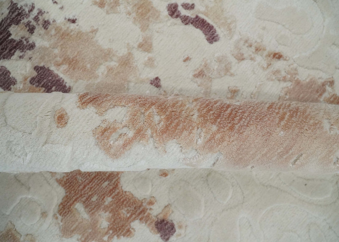 8x10 Ivory, Peach and Maroon Hand Carved Modern Abstract Hand Loomed Blended wool and Art silk Area Rug - The Rug Decor