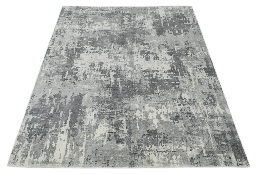 8x10 Ivory, Silver and Charcoal Modern Abstract Hand Loomed Blended wool and Art silk Area Rug - The Rug Decor