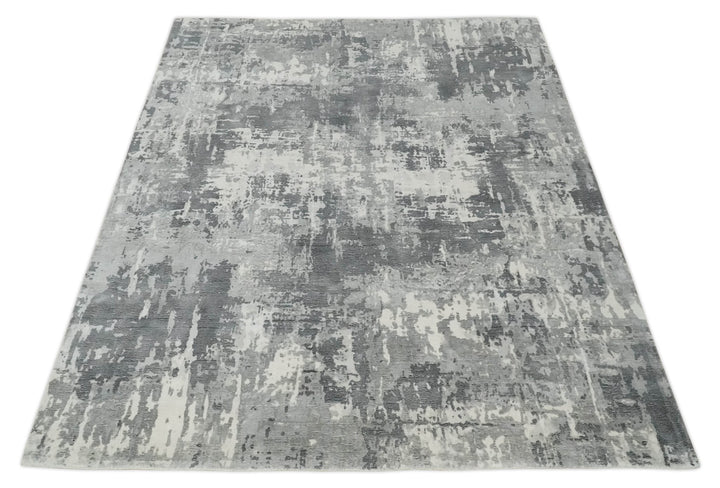 8x10 Ivory, Silver and Charcoal Modern Abstract Hand Loomed Blended wool and Art silk Area Rug - The Rug Decor