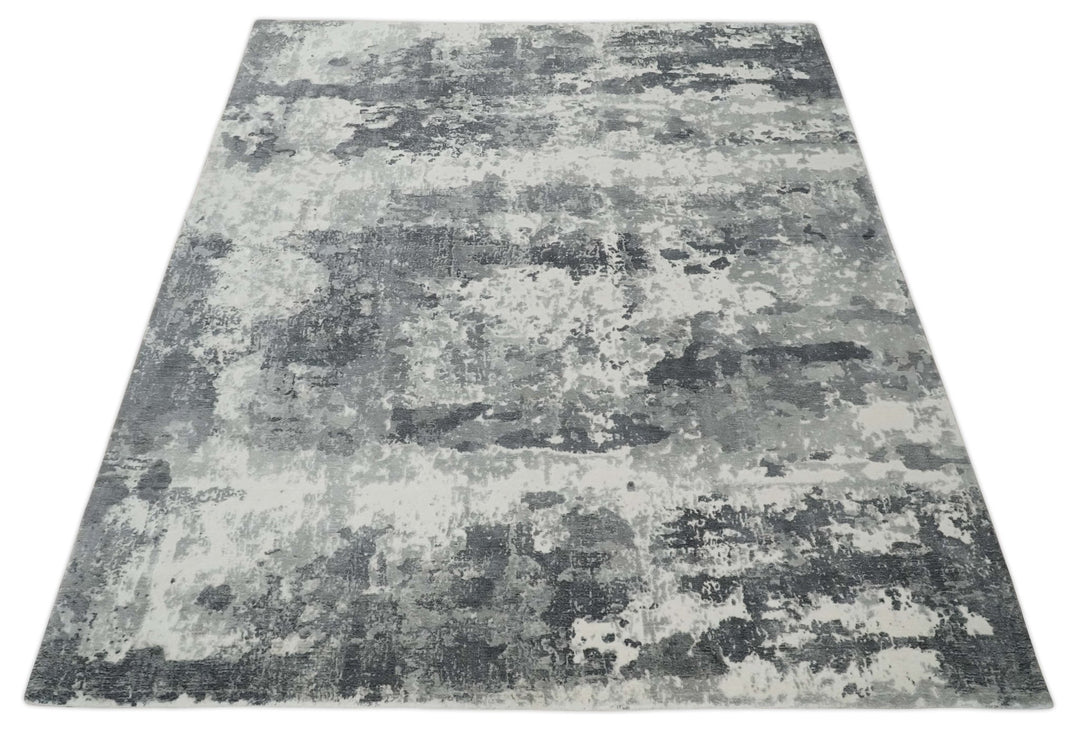 8x10 Ivory, Silver and Charcoal Modern Abstract Hand Loomed Blended wool and Art silk Area Rug - The Rug Decor