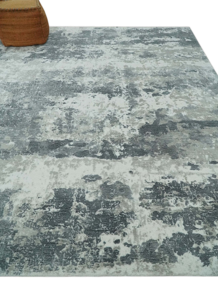 8x10 Ivory, Silver and Charcoal Modern Abstract Hand Loomed Blended wool and Art silk Area Rug - The Rug Decor