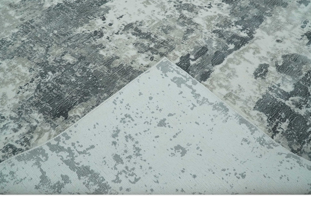 8x10 Ivory, Silver and Charcoal Modern Abstract Hand Loomed Blended wool and Art silk Area Rug - The Rug Decor