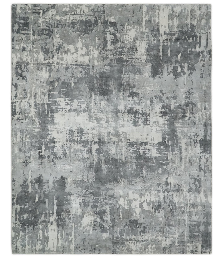 8x10 Ivory, Silver and Charcoal Modern Abstract Hand Loomed Blended wool and Art silk Area Rug - The Rug Decor