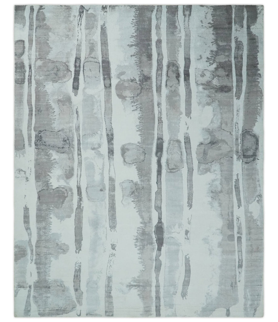 8x10 Ivory, Silver and Gray Modern Abstract Handmade Art Silk Area Rug | AE11810 - The Rug Decor
