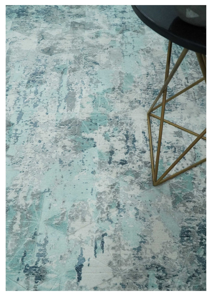 8x10 Ivory, Silver and Teal Modern Abstract Hand Loomed Blended wool and Art silk Area Rug - The Rug Decor