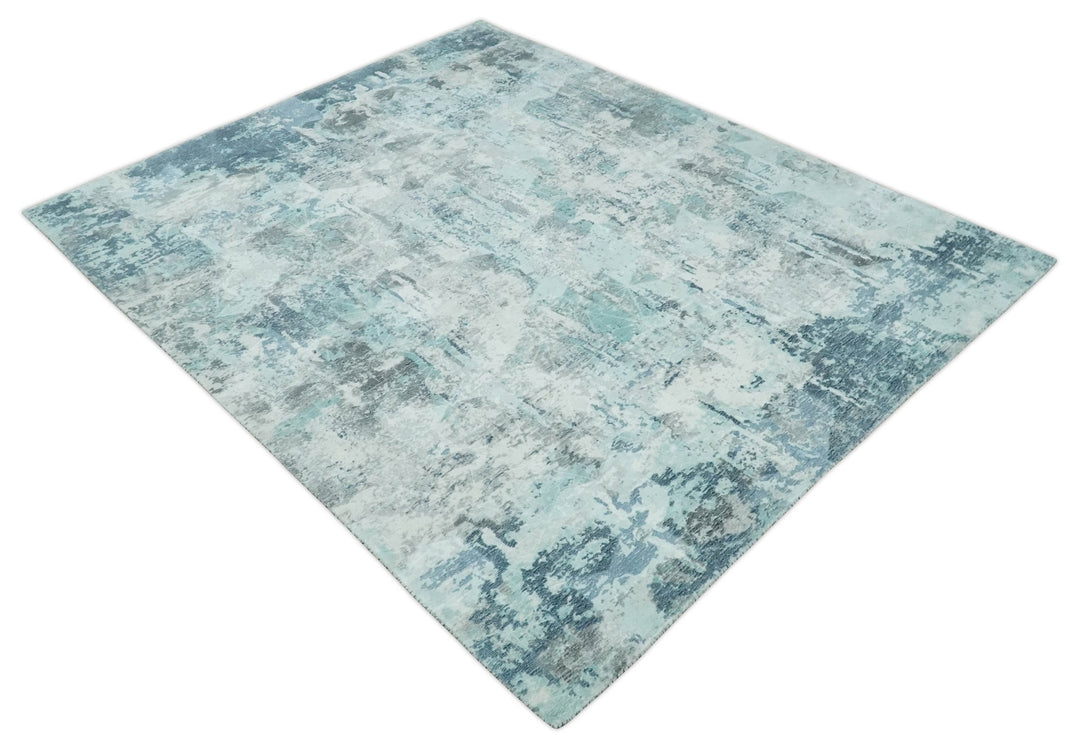 8x10 Ivory, Silver and Teal Modern Abstract Hand Loomed Blended wool and Art silk Area Rug - The Rug Decor