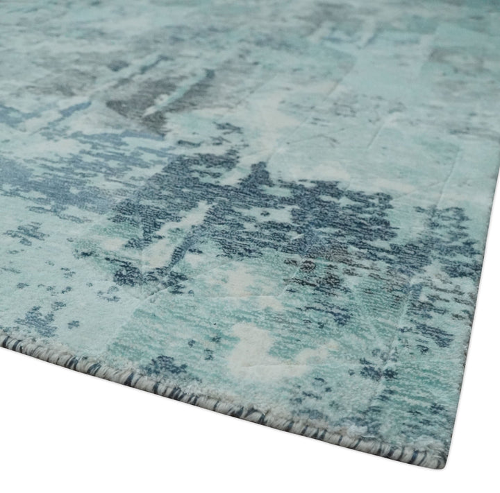 8x10 Ivory, Silver and Teal Modern Abstract Hand Loomed Blended wool and Art silk Area Rug - The Rug Decor