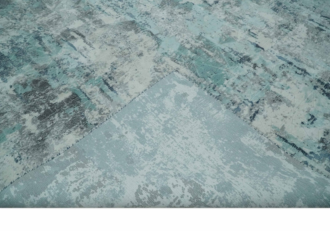 8x10 Ivory, Silver and Teal Modern Abstract Hand Loomed Blended wool and Art silk Area Rug - The Rug Decor