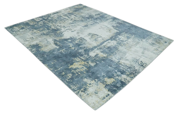 8x10 Ivory, Teal and Beige Modern Abstract Hand Loomed Blended wool and Art silk Area Rug - The Rug Decor