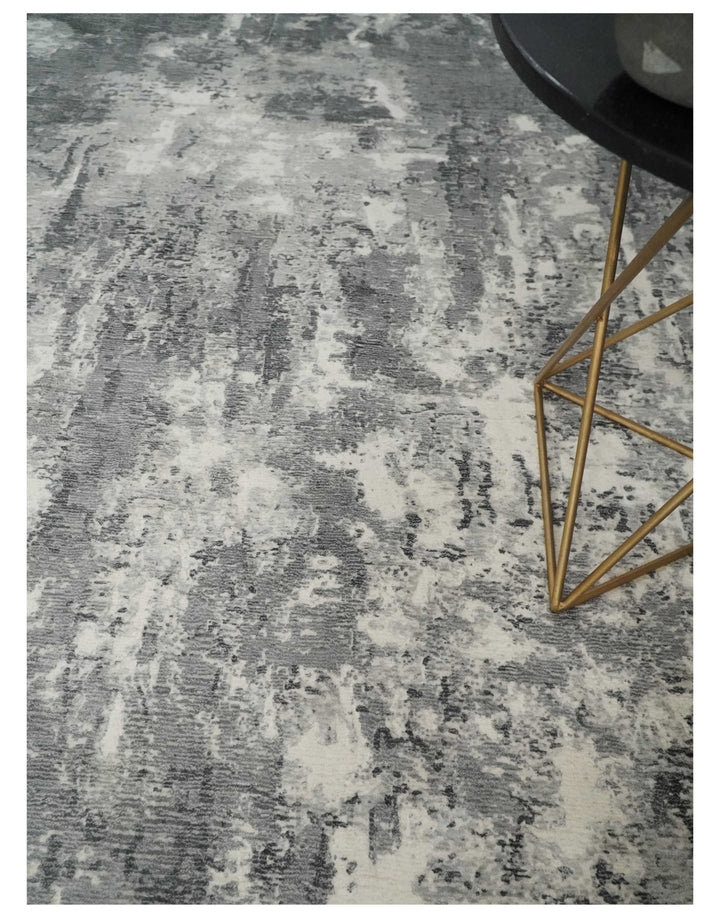 8x10 Modern Abstract Blended wool and Art silk Ivory, Silver and Charcoal Hand Loomed Area Rug - The Rug Decor