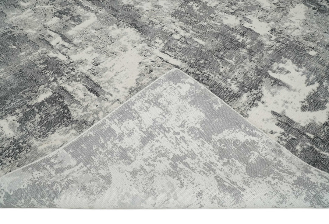 8x10 Modern Abstract Blended wool and Art silk Ivory, Silver and Charcoal Hand Loomed Area Rug - The Rug Decor