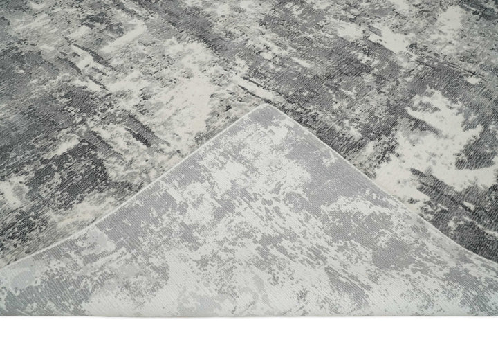 8x10 Modern Abstract Blended wool and Art silk Ivory, Silver and Charcoal Hand Loomed Area Rug - The Rug Decor