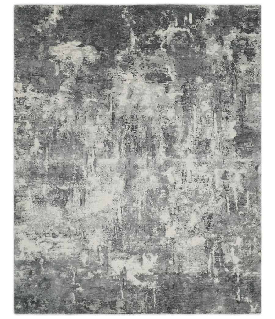 8x10 Modern Abstract Blended wool and Art silk Ivory, Silver and Charcoal Hand Loomed Area Rug - The Rug Decor