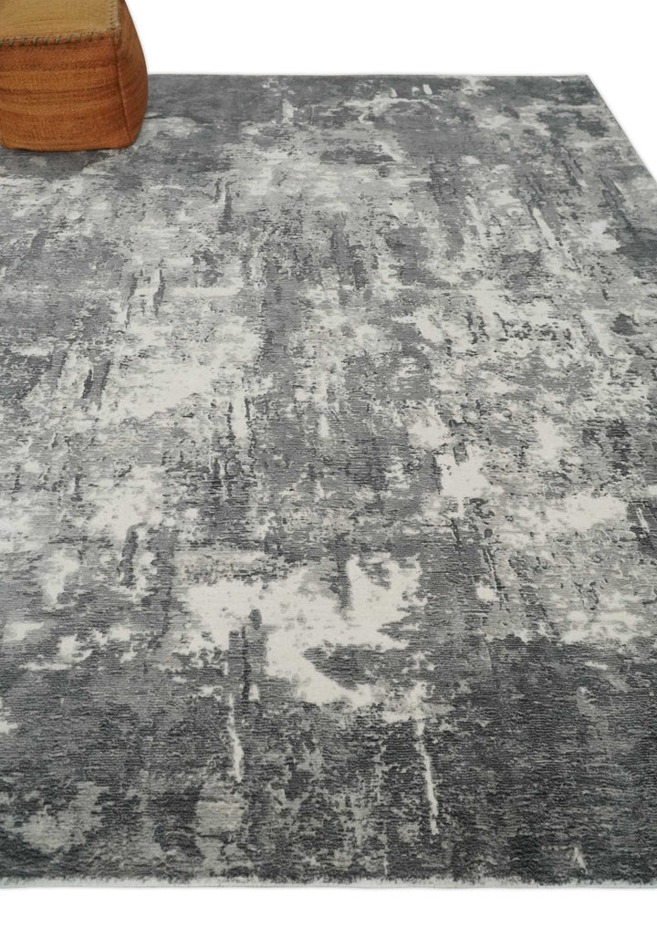 8x10 Modern Abstract Blended wool and Art silk Ivory, Silver and Charcoal Hand Loomed Area Rug - The Rug Decor