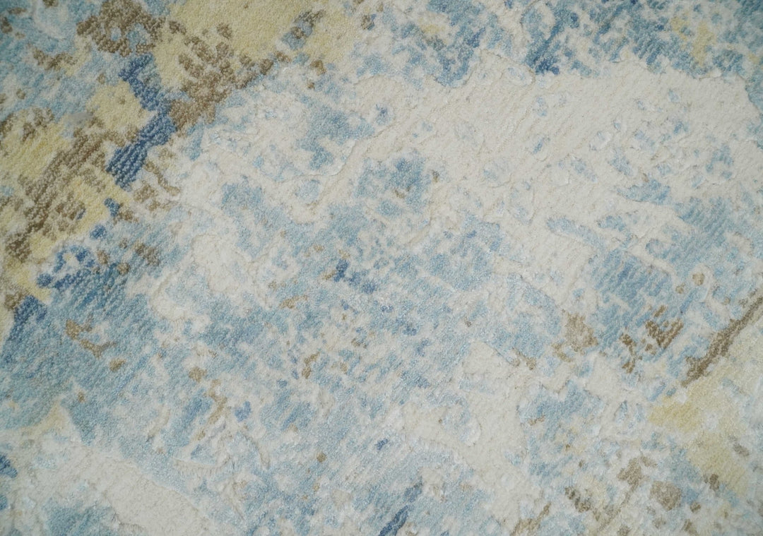 8x10 Modern Abstract Blended wool and Art silk Ivory, Teal and Beige Hand Loomed Area Rug - The Rug Decor