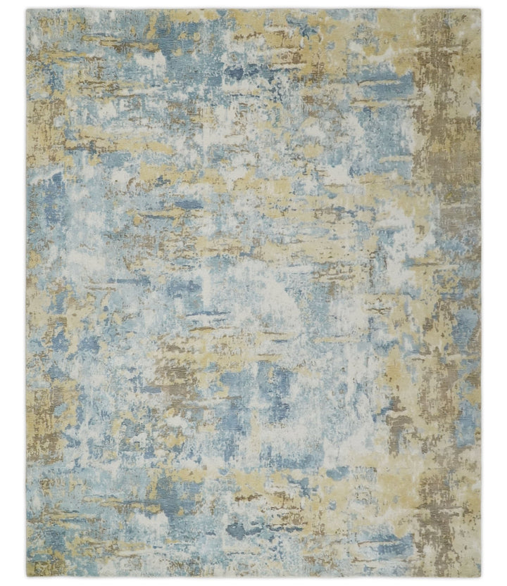 8x10 Modern Abstract Blended wool and Art silk Ivory, Teal and Beige Hand Loomed Area Rug - The Rug Decor
