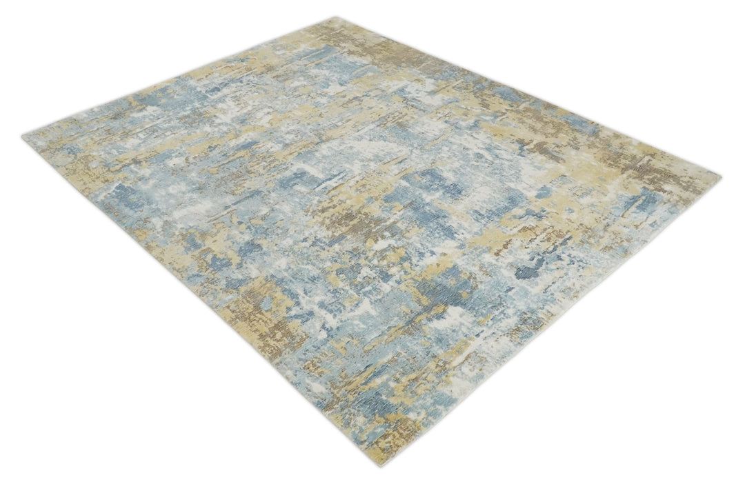 8x10 Modern Abstract Blended wool and Art silk Ivory, Teal and Beige Hand Loomed Area Rug - The Rug Decor