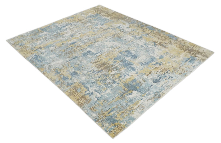 8x10 Modern Abstract Blended wool and Art silk Ivory, Teal and Beige Hand Loomed Area Rug - The Rug Decor