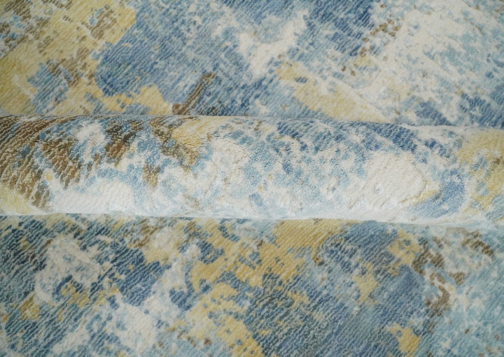 8x10 Modern Abstract Blended wool and Art silk Ivory, Teal and Beige Hand Loomed Area Rug - The Rug Decor