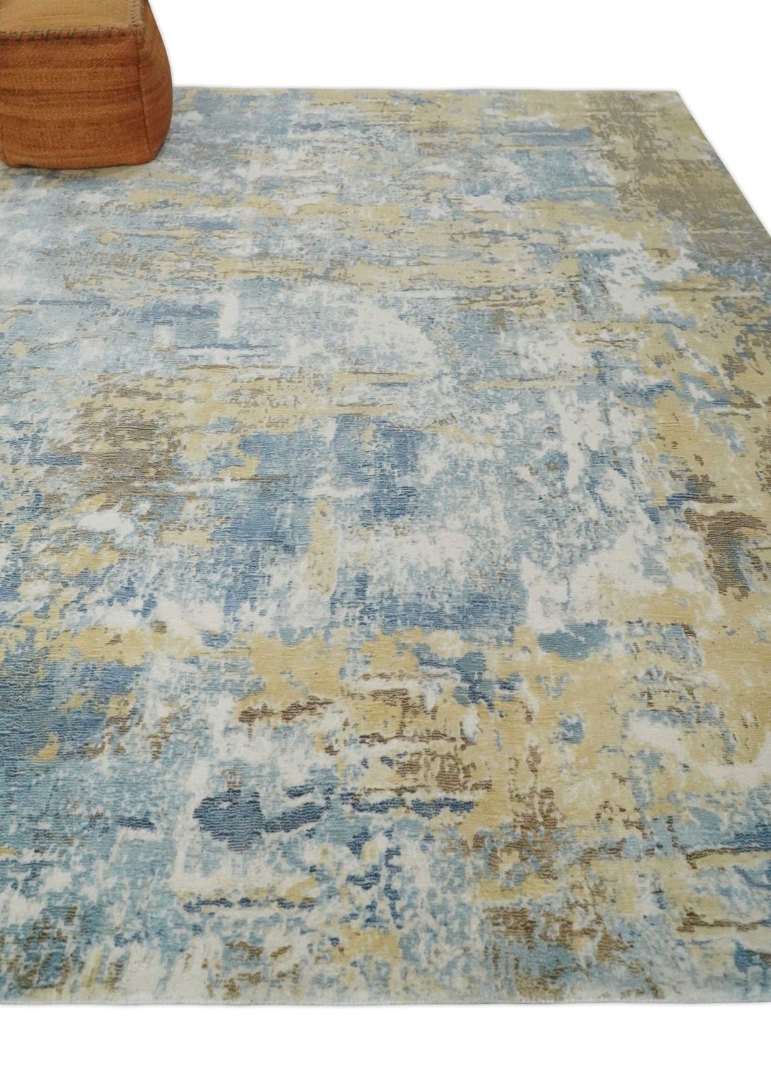 8x10 Modern Abstract Blended wool and Art silk Ivory, Teal and Beige Hand Loomed Area Rug - The Rug Decor