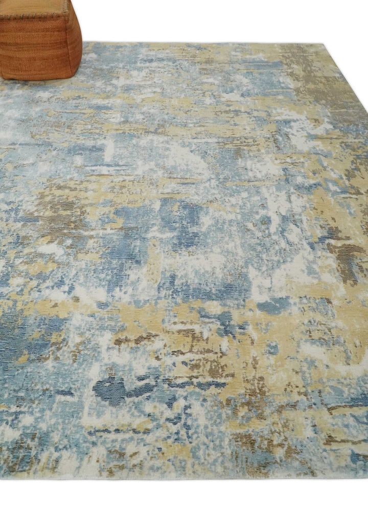 8x10 Modern Abstract Blended wool and Art silk Ivory, Teal and Beige Hand Loomed Area Rug - The Rug Decor