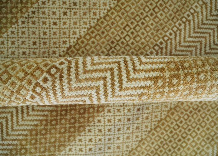 8x10 Modern Geometric Trellis Scandinavian Hand Knotted Beige, Camel and Ivory Wool Area Rug - The Rug Decor