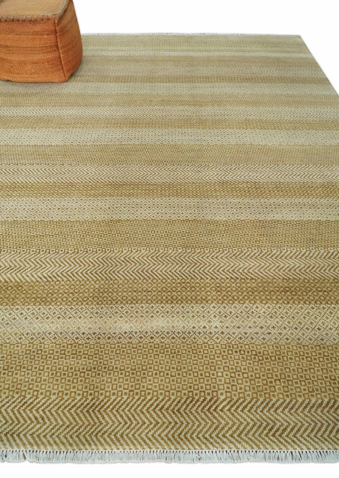 8x10 Modern Geometric Trellis Scandinavian Hand Knotted Beige, Camel and Ivory Wool Area Rug - The Rug Decor