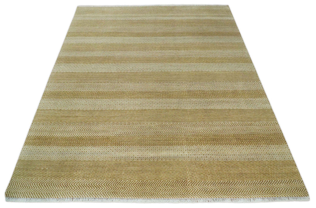 8x10 Modern Geometric Trellis Scandinavian Hand Knotted Beige, Camel and Ivory Wool Area Rug - The Rug Decor