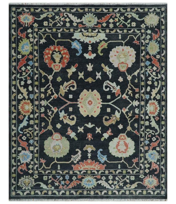 8x10 Modern Hand Knotted Black and Multicolor Traditional Oushak Wool Area Rug - The Rug Decor