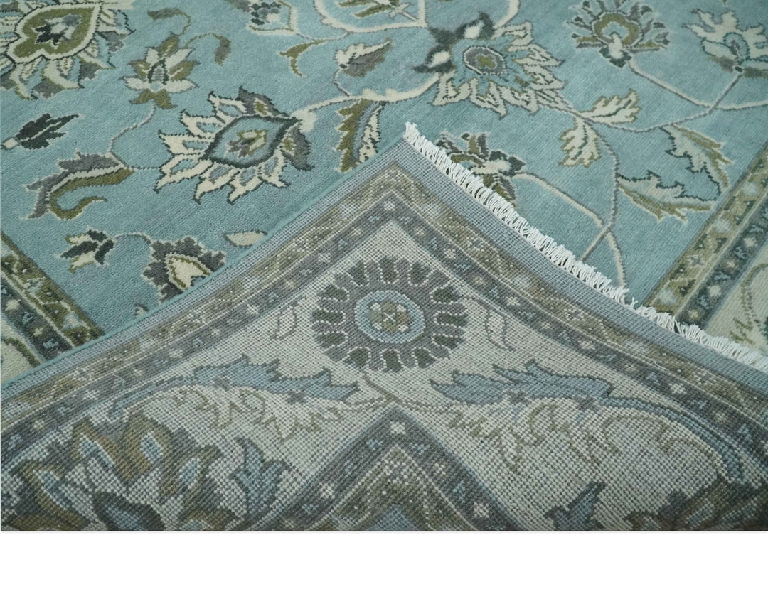 8x10 Premium Aqua, Ivory and Green Traditional Floral Hand knotted wool Area Rug - The Rug Decor