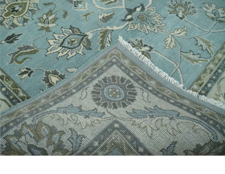 8x10 Premium Aqua, Ivory and Green Traditional Floral Hand knotted wool Area Rug - The Rug Decor