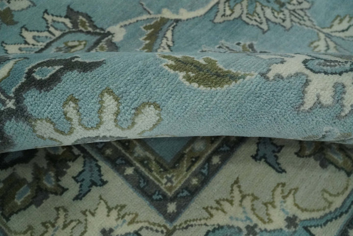 8x10 Premium Aqua, Ivory and Green Traditional Floral Hand knotted wool Area Rug - The Rug Decor