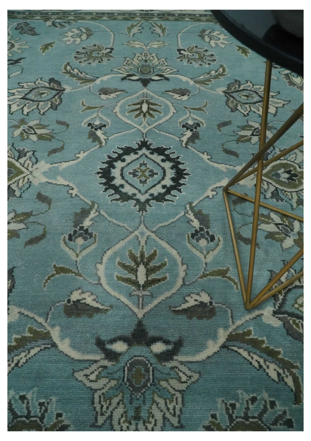 8x10 Premium Aqua, Ivory and Green Traditional Floral Hand knotted wool Area Rug - The Rug Decor