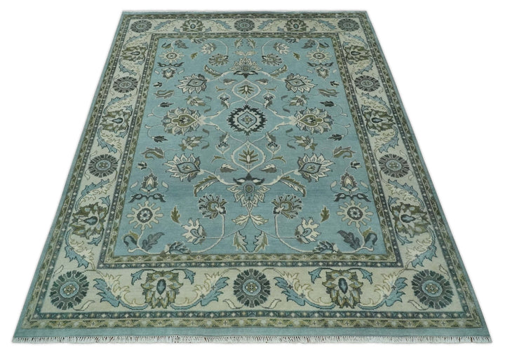 8x10 Premium Aqua, Ivory and Green Traditional Floral Hand knotted wool Area Rug - The Rug Decor