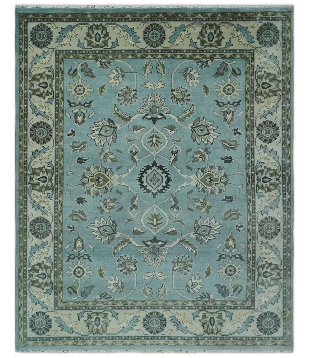 8x10 Premium Aqua, Ivory and Green Traditional Floral Hand knotted wool Area Rug - The Rug Decor