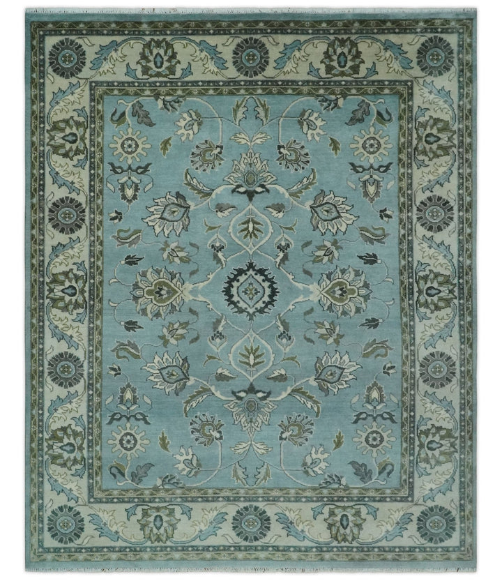 8x10 Premium Aqua, Ivory and Green Traditional Floral Hand knotted wool Area Rug - The Rug Decor