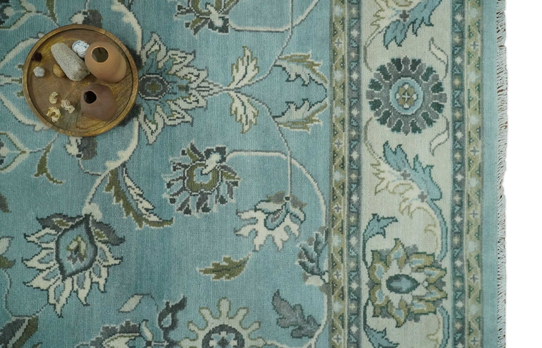 8x10 Premium Aqua, Ivory and Green Traditional Floral Hand knotted wool Area Rug - The Rug Decor