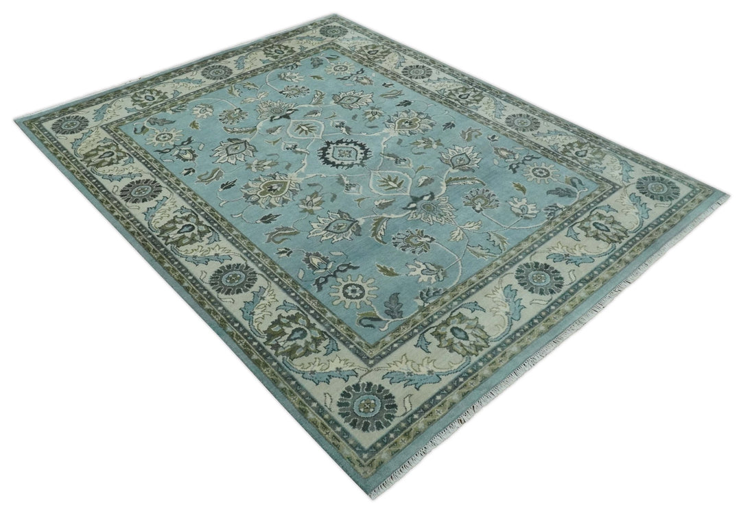 8x10 Premium Aqua, Ivory and Green Traditional Floral Hand knotted wool Area Rug - The Rug Decor