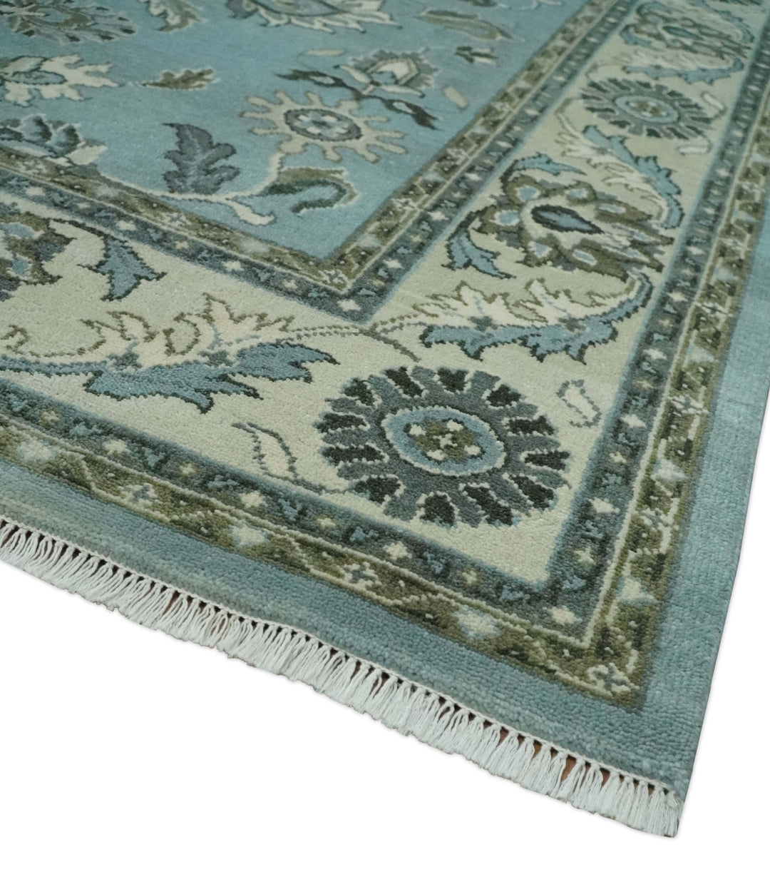 8x10 Premium Aqua, Ivory and Green Traditional Floral Hand knotted wool Area Rug - The Rug Decor