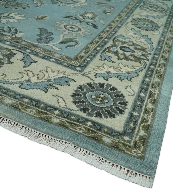 8x10 Premium Aqua, Ivory and Green Traditional Floral Hand knotted wool Area Rug - The Rug Decor