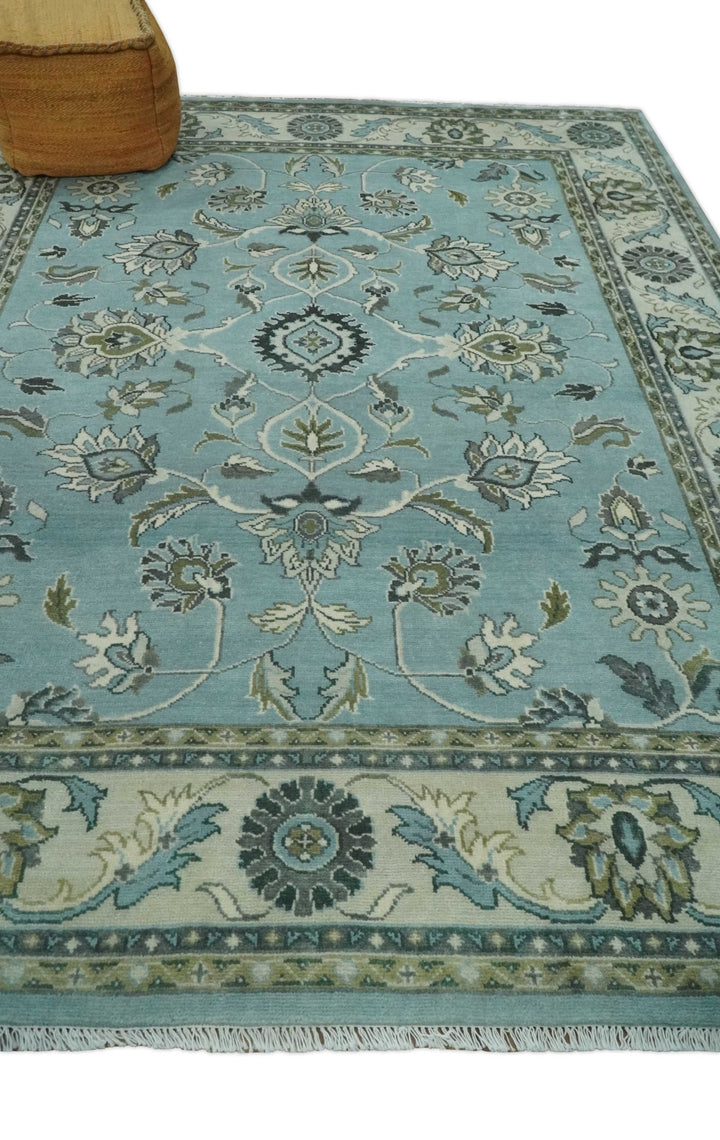 8x10 Premium Aqua, Ivory and Green Traditional Floral Hand knotted wool Area Rug - The Rug Decor