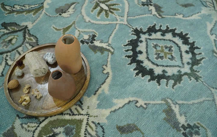 8x10 Premium Aqua, Ivory and Green Traditional Floral Hand knotted wool Area Rug - The Rug Decor