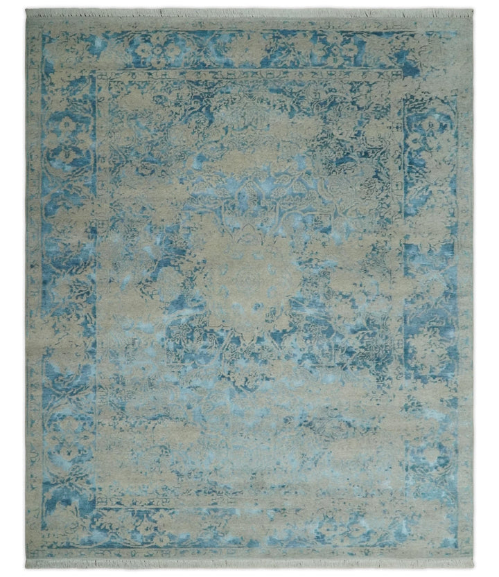8x10 Premium Hand knotted Blue and Beige Traditional wool and Silk Area Rug - The Rug Decor