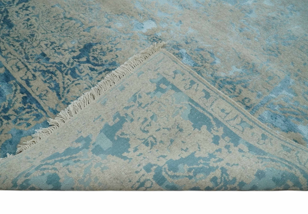 8x10 Premium Hand knotted Blue and Beige Traditional wool and Silk Area Rug - The Rug Decor