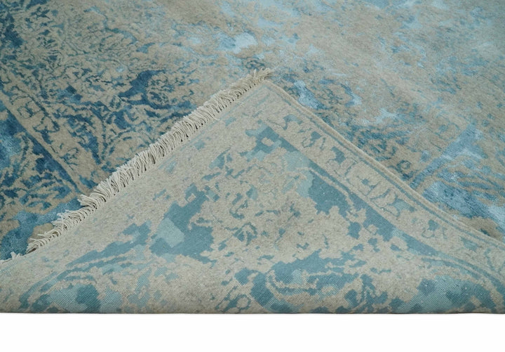 8x10 Premium Hand knotted Blue and Beige Traditional wool and Silk Area Rug - The Rug Decor