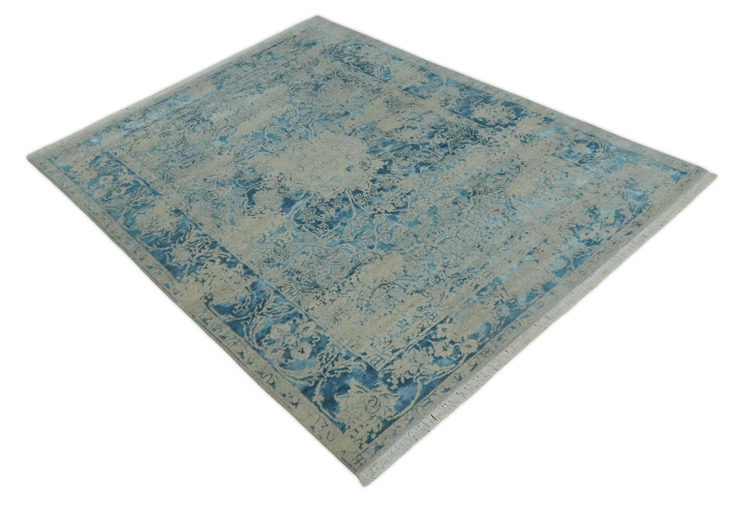 8x10 Premium Hand knotted Blue and Beige Traditional wool and Silk Area Rug - The Rug Decor