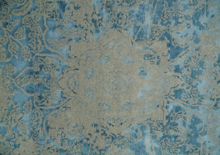 8x10 Premium Hand knotted Blue and Beige Traditional wool and Silk Area Rug - The Rug Decor