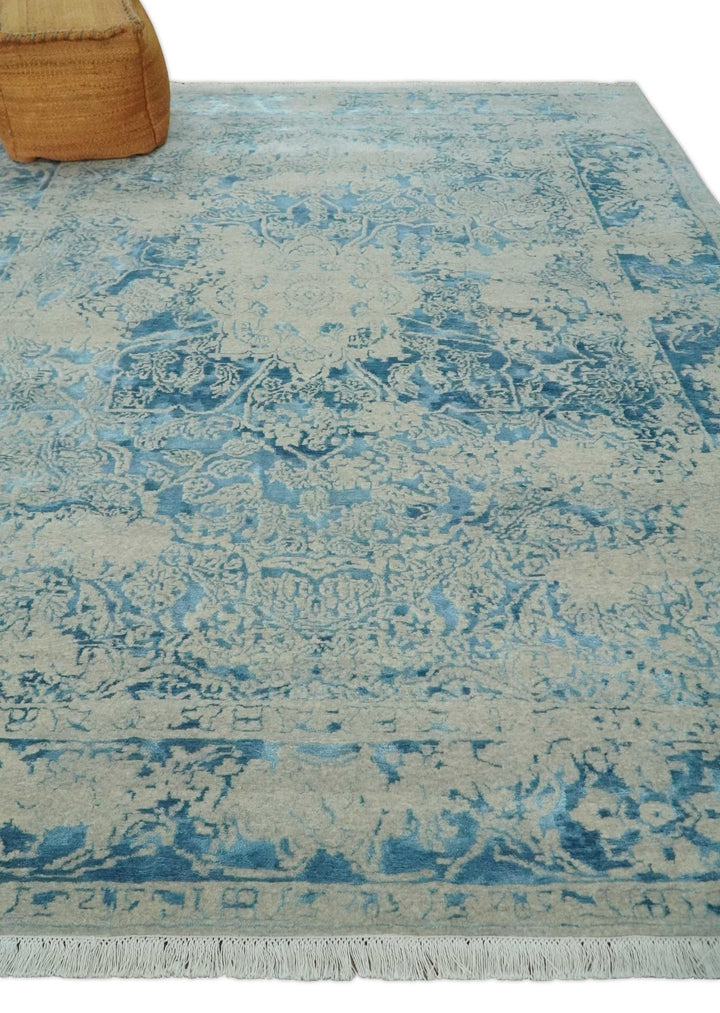 8x10 Premium Hand knotted Blue and Beige Traditional wool and Silk Area Rug - The Rug Decor