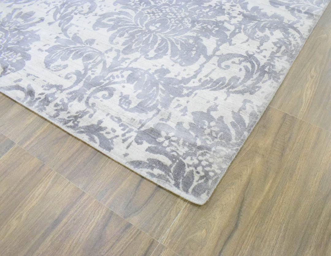 8x10 Rug, Floral Gray Rug, White Rug, Viscose Rug, Living, Dinning and Bedroom Rug, Modern Handmade Wool & Viscose Area Rug | TRD0017QT810 - The Rug Decor