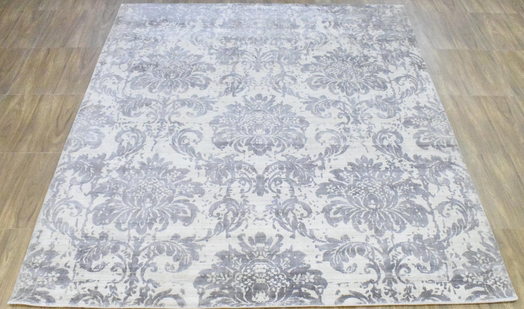 8x10 Rug, Floral Gray Rug, White Rug, Viscose Rug, Living, Dinning and Bedroom Rug, Modern Handmade Wool & Viscose Area Rug | TRD0017QT810 - The Rug Decor